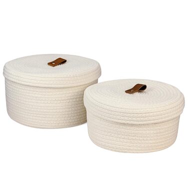 Набір із 2 круглих кошиків для зберігання з бавовняного шнура з кришками, маленьких плетених кошиків з кришками, декоративних полиць-кошиків для іграшок та косметики (28 x 16,5 см/23 x 12,5 см, білий)