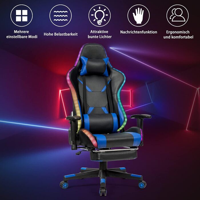 Геймерське крісло з поворотом на 360, гоночне крісло з 358 світлодіодними режимами освітлення, офісне крісло з регульованими підлокітниками, спинкою та підставкою для ніг, комп&39ютерне крісло з поперековою опорою, підголівником та пультом дистанційного к