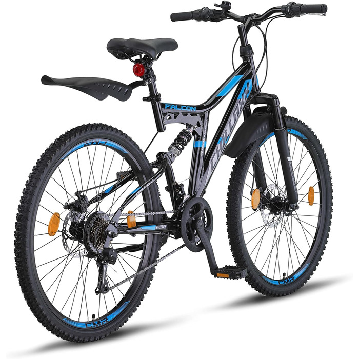 Гірський велосипед Chillaxx Bike Falcon преміум-класу розміром 24, 26, 27,5 та 29 дюймів - Велосипед для хлопчиків, дівчаток, жінок та чоловіків - Дискові гальма - 21 швидкість - Повнопідвіска 26 дюймів Чорно-синій Дискові гальма