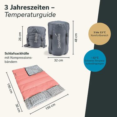 Подвійний спальний мішок Skandika Iceland Спальний мішок для 2 осіб, 3 сезони, з фланеллю/без неї, бавовна, подушка, 220 x 150 см, можна використовувати як одинарний спальний мішок Спальний мішок-ковдра, сімейний спальний мішок, лосось