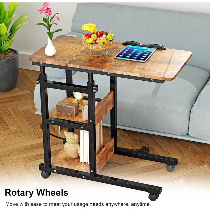 Журнальний столик на колесах, 80 см x 40 см, столик для ноутбука з розеткою та портом USB-C, регульована висота, дерев&39яний стіл, журнальний столик, тумбочка, спальня, вітальня, вінтажний вигляд дерева, колір вінтажного дерева