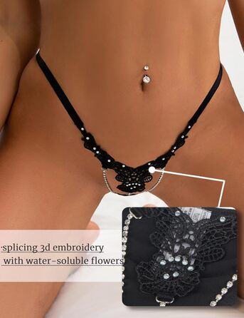 Сексуальні стрінги-стрінги для жінок зі стразами, ніжна вишивка, еротична білизна, великі розміри, бразильські труси, жіноча білизна, пишні мікробікіні, регульовані міні-стрінги, Т-подібна спинка, SM 1-чорний