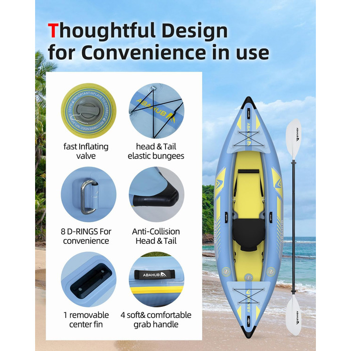 Надувний каяк Abahub 320 см/420 см з веслом для каяка, сидінням для каяка, підставкою для ніг, ручним насосом та сумкою для каякінгу, каное, надувний човен 1/2 сидіння 320/420x89x23 см світло-блакитний 1 сидіння 320 см