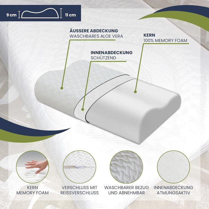 Ортопедична подушка - подушка для підтримки шиї - сертифікована Oeko-TEX - подушка для зняття болю в шиї - подушка з піни з ефектом пам&39яті - ергономічна подушка - суперм&39яка тканина, яку можна прати внутрішній чохол