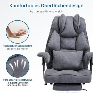 Ергономічне офісне крісло, вантажопідйомність 200 кг, крісло керівника з підставкою для ніг, робоче крісло з поперековою опорою, зручне широке сидіння XXL, потовщена оббивка, регульована висота, штучна замша сірого кольору