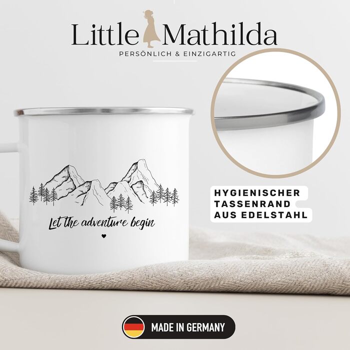 Емальована кружка &quotМаленька Матильда&quot з персоналізованою цитатою або приказкою, емальована кружка, подарунки для каравану для кемперів, емальована кружка, бляшана кружка для кемпінгу, аксесуари для каравану, прикраса для гір (Нехай пригоди.)