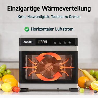 Дегідратор COSORI з нержавіючої сталі, дегідратор їжі з 50 рецептами, в т.ч. 6 лотків для дегідраторів з нержавіючої сталі, 3 решітки для дегідратора, 3 килимки для дегідратора, велика площа 0,6 м, таймер на 48 годин, світлодіодний дисплей (35-75C) і 650 