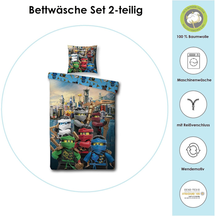 Комплект постільної білизни Character World Lego Ninjago для хлопчиків - дитяча постільна білизна 135x200 80x80 см з 100 бавовни н