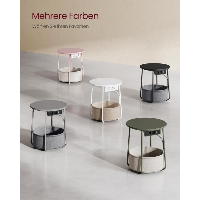 Круглий бічний столик VASAGLE, маленький столик, журнальний столик з розеткою, столик для вітальні, кошик з тканини, місце для зберігання у вітальні та спальні, сучасна тумбочка, матовий білий-верблюжий коричневий LET228W02 Матовий білий верблюжий коричне