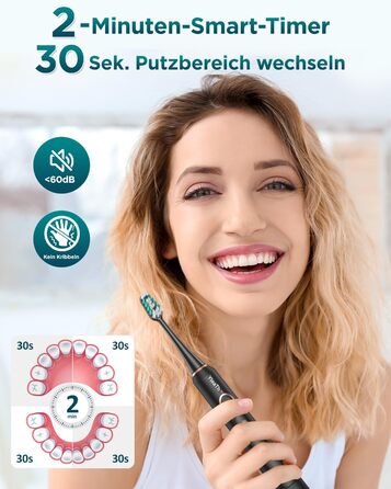 Електрична зубна щітка для дорослих і дітей звукова щітка з 8 насадками (3 типи), 90 днів роботи від акумулятора, 5 режимів, 50000 обертів на хвилину, дорожній футляр, таймер, чорний колір