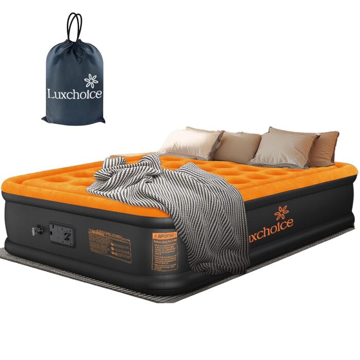 Самонадувальний надувний матрац для 2 осіб з вбудованим електричним насосом, преміальне гостьове ліжко, надувний матрац для кемпінгу або домашнього використання, темно-помаранчевий, 205x155x38 см
