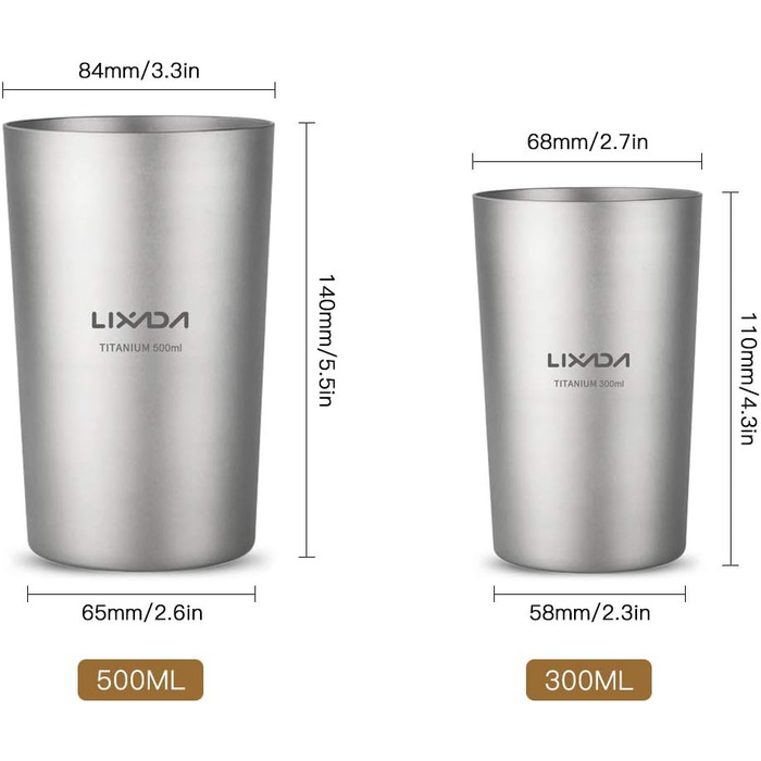 Титанова чашка для пиття Lixada, пивна кружка, 300 мл та 500 мл, двостінна чашка для води та соку, чашка для чаю, кухоль для домашнього офісу, кемпінгу, походів, (1 упаковка)