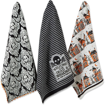 Колекція чайних рушників DII Happy Halloween, оздоблена бавовна, набір кухонних рушників, 45,7 х 71,1 см, дамаск з черепом/будинок