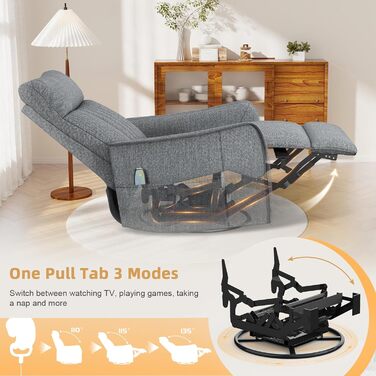 Крісло для телевізора/масажне крісло з функцією відкидання, крісло для релаксації з підігрівом та масажем, крісло для телевізора з поворотом на 360 для вітальні, крісло-гойдалка з м&39яким підголівником, 2 бічні кишені, сірий