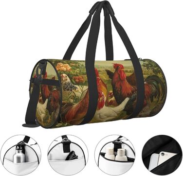 Спортивна сумка для подорожей, дизайн кури та ферма, чорний колір, універсальний розмір, дорожня сумка