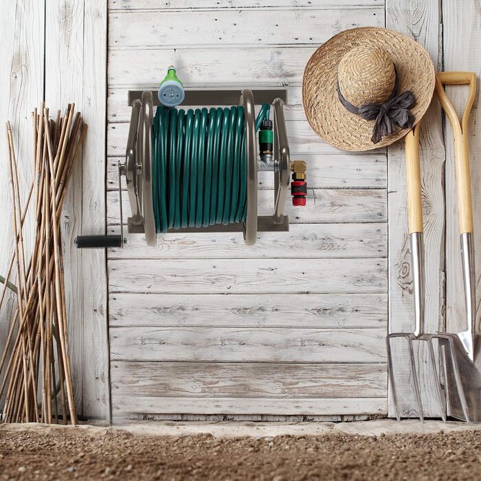 Моток для шланга, сталевий, для 60 м шланга, з 2 швидкозємними зєднаннями, настінний тримач для шланга (ШВТ 36 x 55 x 50 см), коричневий