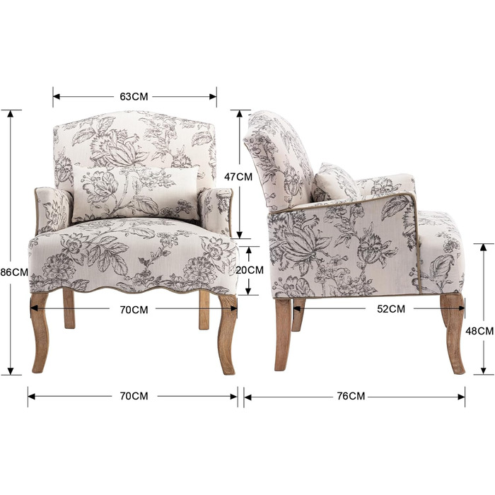 Вінтажне крісло з підлокітниками, м&39яке крісло з дерев&39яними ніжками та квітковим візерунком, одномісний диван, акцентне крісло з подушками для вітальні/спальні, бежевий