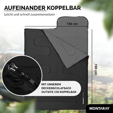 Спальний мішок-ковдра з капюшоном, розрахований на температуру -3C, включаючи подушку - Зимовий та літній спальний мішок для активного відпочинку на 3-4 сезони (75 x 220 см) - Спальний мішок-кабінка для чоловіків та жінок (теплий), чорний, 280 г/м, з капю