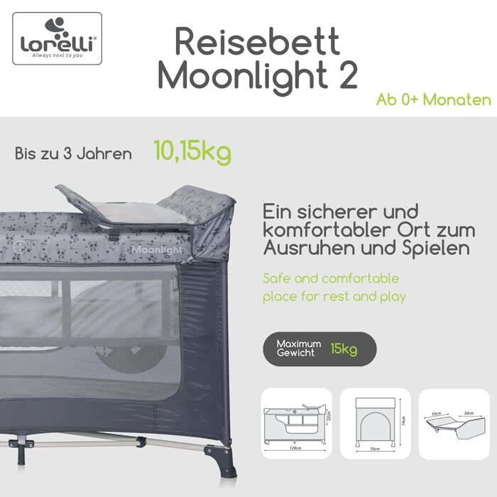 Дитяче ліжечко та манеж Lorelli 3-в-1, Moonlight 2 рівні, бічний вхід, ліжечко з народження, дитяче ліжечко для подорожей, пеленальний килимок, колеса, сумка, сірий/світло-сірий