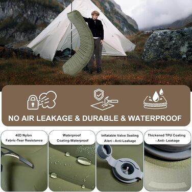 Килимок для кемпінгу Origem, надлегкий надувний килимок для сну 14 см, невеликий розмір упаковки, надувний матрац для ніг для використання на вулиці з ножним насосом, армійський зелений