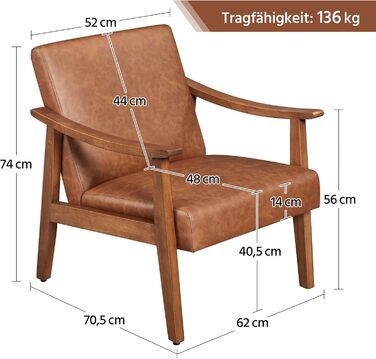 Крісло-реклайнер Yaheetech Retro, м&39яке крісло для телевізора, крісло для читання, одномісний диван, витримує до 136 кг, для вітальні/вітальні/домашнього кінотеатру/спальні, коричнева штучна шкіра