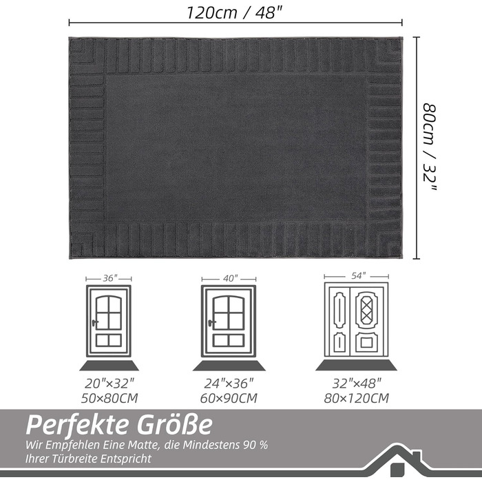 Килимок для дверей BEQHAUSE для прихожих, килимок для вхідних дверей, що миється, 80 x 120 см, килимок для прихожих, що прається в пральній машині, нековзний, килимок для передпокою, коридор, темно-сірий 80 x 120 см (прямокутний) темно-сірий