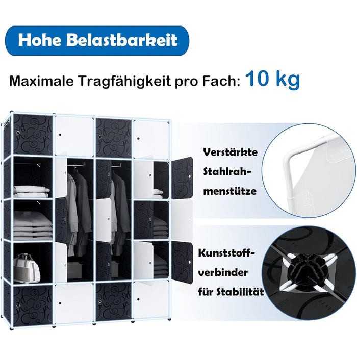 Шафа, багатофункціональна шафа, система полиць своїми руками, пластикова шафа, шафа для спальні з дверима, вбудоване місце для зберігання речей, пилонепроникна з 20 кубиками та рейкою для одягу