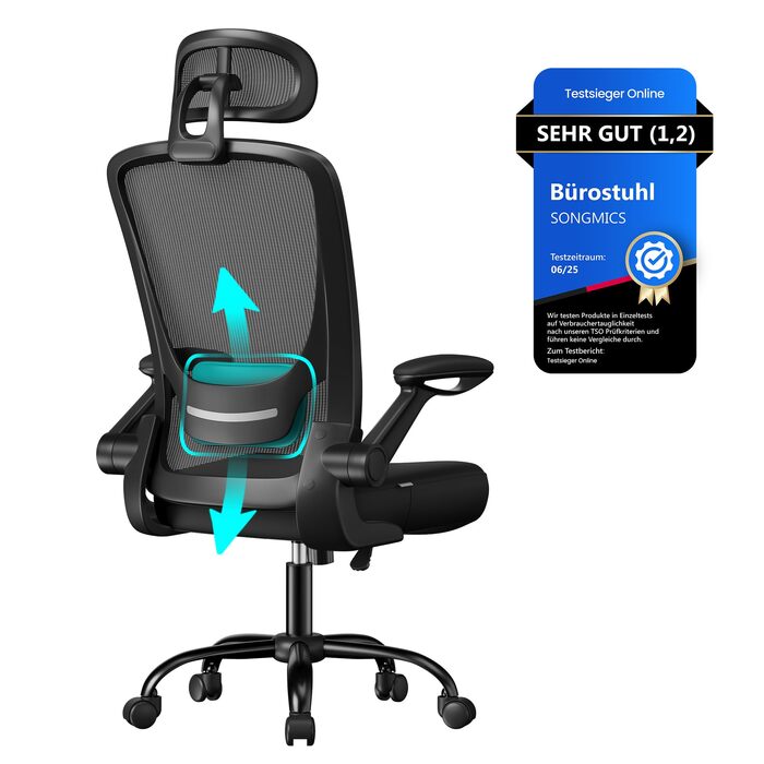 Ергономічне офісне крісло SONGMICS, обертове крісло з сіткою, поперековим відділом хребта та підголівником, функція гойдання, розмір сидіння 53 см, складні підлокітники, для роботи та спальні, для студентів, чорний колір OBN047B01 чорний колір з підголівн
