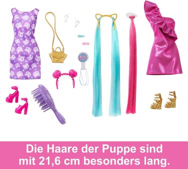 Лялька Barbie, Fun & Fancy Hair з наддовгим барвистим світлим волоссям і блискучою рожевою сукнею, 10 аксесуарів для зачіски та мо
