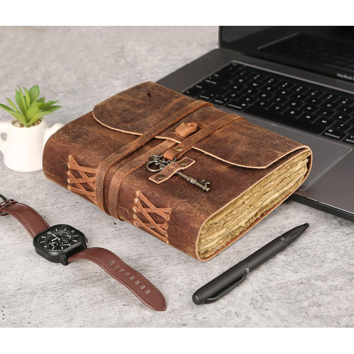 Шкіряний щоденник з лінованим папером з рваними краями 20,3 x 15,2 см та вінтажним блокнотом для ключів/ручної роботи/оброшурованим щоденником для чоловіків та жінок (8 x 6, коричневий) 8 x 6 коричневий