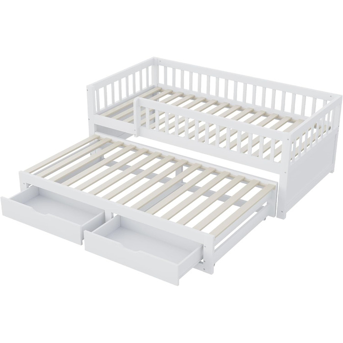 Дитяче ліжко 90x200 диван-ліжко з масиву дерева з висувним ліжком та шухлядами, багатофункціональне ліжко, кушетка, гостьове ліжко з місцем для зберігання речей, дитяче ліжко, каркас ліжка із захистом від падіння та рейковою основою, без матраца, біле. Бі