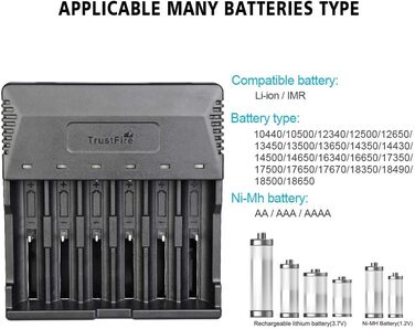 Універсальний зарядний пристрій TrustFire TR-012 - інтелектуальний зарядний пристрій з 6 зарядними відсіками для кількох акумуляторів, що перезаряджаються, літій-іонних акумуляторів 3.7V 18650 14500 18350 16340 10440