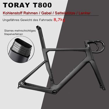 Шосейний/гравійний велосипед 28 дюймів з карбоновою рамою та вилкою, дисковими гальмами Shimano 22 швидкості, карбоновим кермом та підсідельним штирем для чоловіків та жінок, червоний, 53 см