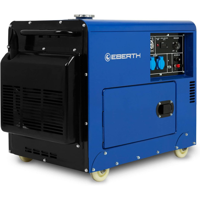 Дизельний аварійний генератор EBERTH потужністю 5000 Вт, дизельний двигун 10 к.с., 4-тактний, електричний запуск, 2 шт. 230 В, 12 В, автоматичний регулятор напруги (AVR), портативний генератор, корпус, ручки, колеса, 1 фаза