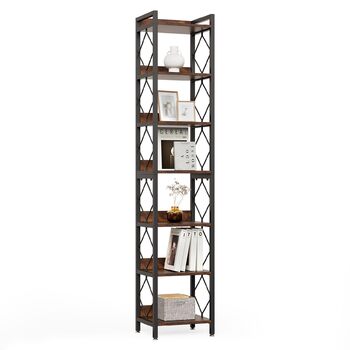 Ярусна книжкова полиця LITTLE TREE, полиця на одному місці, окремостояча полиця, вітальня, спальня, кабінет, 35 x 35 x 200 см, промисловий дизайн, вінтажний коричнево-чорний, 7-
