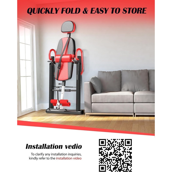 Регульований/складаний інверсійний стіл YOLEO з потрійним блокуванням безпеки, гравітаційний тренажер з ременем безпеки для терапії та полегшення болю в спині/шиї, червоний