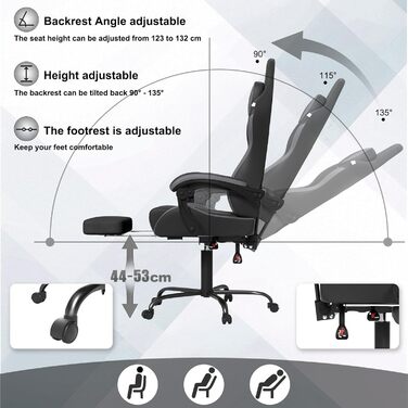 Ігрове крісло Froadp з масажем, підставкою для ніг та підголівником, ергономічне ігрове крісло з масажною поперековою подушкою, регульована спинка 90-135, шкіра штучна - чорний, сірий та білий