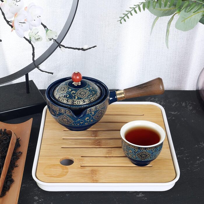 Чайний сервіз Fanquare з порцеляни для подорожей, золотий квітковий візерунок, 4 чашки, чайник та бамбуковий піднос, у дорожній сумці, темно-зелений колір