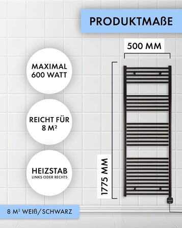Електричний радіатор для ванної кімнати anapont WiFi та Bluetooth Радіатор для рушників, IPx5, повністю зібраний Атмосфера та комфорт у ванній кімнаті (з таймером, 1775x500) З таймером 1775x500