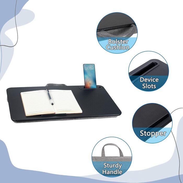 Стіл для ноутбука на коліна, портативний, сумісний з ноутбуками до 16 дюймів, з тримачем для планшета, вбудованою подушкою, ідеальний для дому та офісу, чорний колір