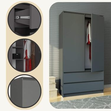 Шафа AKORD з двома дверима S 90 см, 2 шухляди з полицями та однією рейкою для одягу, для шаф з однією спальнею, мінімалістичний стиль, ламінат 16 мм графітово-сірий колір, графітово-сірий 90 см x 180 см x 51 см