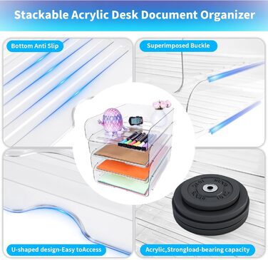 Лоток для паперу, лоток для листів, штабелюваний настільний органайзер, прозорі папки для файлів на стіл, офісний органайзер для файлів, iPad, листів, офісних документів A4, книг, нотаток, вертикальний лоток на 4 папки Claer-4shu