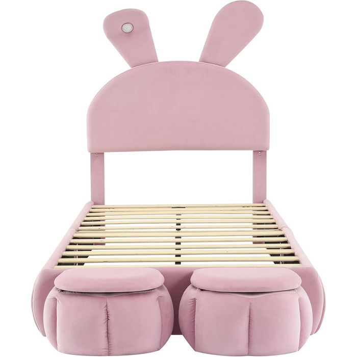 М&39яке ліжко 90x200 см, дитяче ліжко з 2 табуретами для зберігання речей та світлодіодним приліжковим освітленням, розкладні вушка зайчика, каркас ліжка зі світлодіодним освітленням для дівчаток, дитяче ліжко з рейковою основою, оксамит, рожевий, без мат