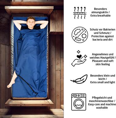 Ультралегкий спальний мішок 2-в-1 із блискавкою (лівий або правий) тонкий, зручний дорожній спальний мішок та дорожня ковдра XL в одному - літній спальний мішок, внутрішній спальний мішок темно-синього кольору - блискавка праворуч