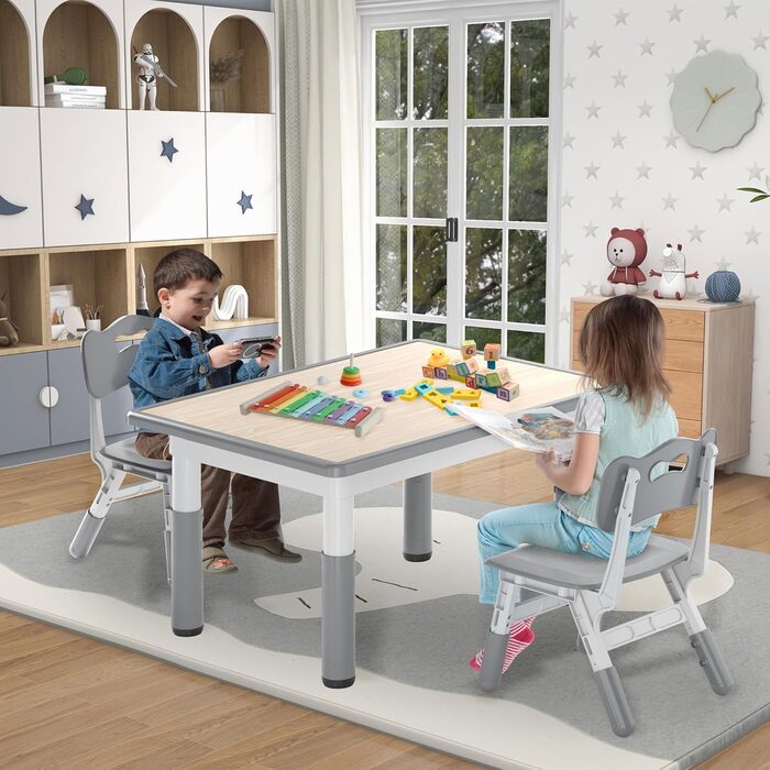 Дитячий стіл з 2 стільцями, регульована по висоті 3-секційна дитяча комплектація сидінь, пластикові меблі для дитячої кімнати, ігровий стіл/парта для дітей віком від 2 років, 80x60 см