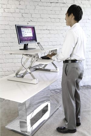 Стіл-конвертер Seville Classics 90 см з пневматичним регулюванням висоти сидячи-стоячи з газовою пружиною, металевий, білий 90 см x 59 см пневматичний білий