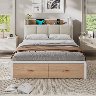 Ліжко 140x200 см, металевий каркас ліжка, основа ліжка з рейковою основою, зарядна станція, 2 шухляди, металевий каркас та дерев&39яне узголів&39я з місцем для зберігання, для спальні, гостьової кімнати, білий натуральний 140 x 200 см білий натуральний