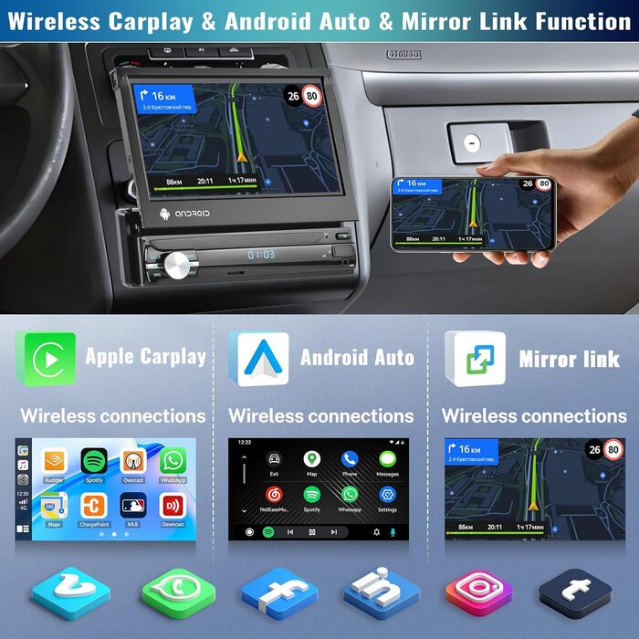 Автомобільне радіо CAMECHO Android 13 1G32G 1 Din з бездротовим Apple Carplay Android Auto, 7-дюймовий екран, автомагнітола з висувним дисплеєм, Bluetooth Mirror Link, WiFi GPS, SWC FM RDS камера заднього виду