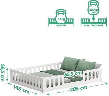 Дитяче ліжко 2-в-1 на підлозі 140x200 см Монтессорі зі знімними захисними поручнями - Біле, 46 кг, Вантажопідйомність до 200 кг, Надміцна згортається рейкова основа, Трансформоване 140 x 200 см Біле - 1 центральний вхід