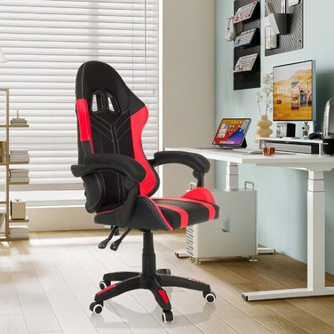Офісне крісло, ігрове крісло GAMEBREAKER W02, письмове крісло з підголівником та поперековою опорою, регульована висота, штучна шкіра чорного/червоного кольору.